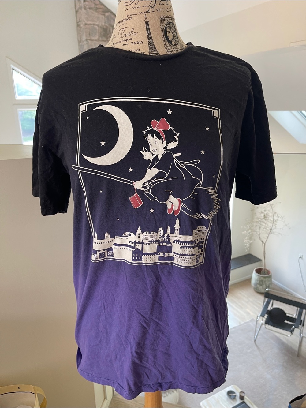 Black and Purple Short-Sleeve Graphic Tee with Moon Witch Illustration